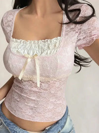 Lace Short Sleeve T-Shirt with Bow Detail - Update AvenueT-ShirtsTrendsi100100815612585100100815612585032dbb9f06164b3da1038eacaf6eb6cb - Max - OriginPink