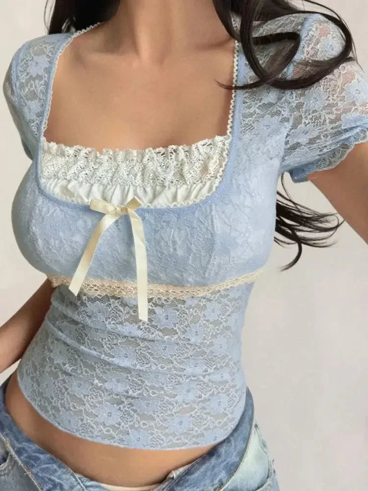 Lace Short Sleeve T-Shirt with Bow Detail - Update AvenueT-ShirtsTrendsi1001008156133191001008156133195af21923 - 4b21 - 4dbe - 887e - 305d265adbaf - Max - OriginLight Blue