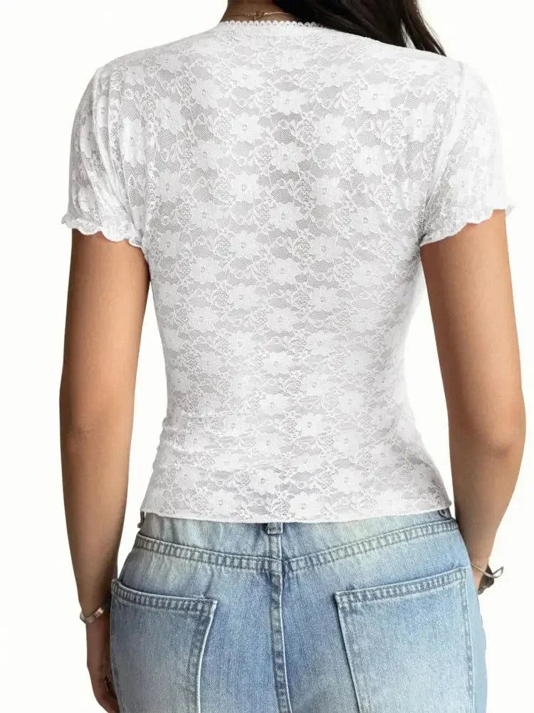 Lace Short Sleeve T-Shirt with Bow Detail - Update AvenueT-ShirtsTrendsi100100815618999100100815618999409b97dfc4db4b22ba22f37ed45605ec - Max - OriginWhite