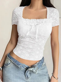 Lace Short Sleeve T-Shirt with Bow Detail - Update AvenueT-ShirtsTrendsi10010081561899910010081561899955dc64c43a5a4e548a673614b5af6c88 - Max - OriginWhite