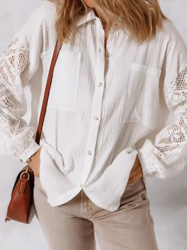 Lace Sleeve Button Down Shirt - Update AvenueTrendsi100100871347601100100871347601b0d1c01426ca4f83a81acd283ac3e8a4 - Max - OriginWhite