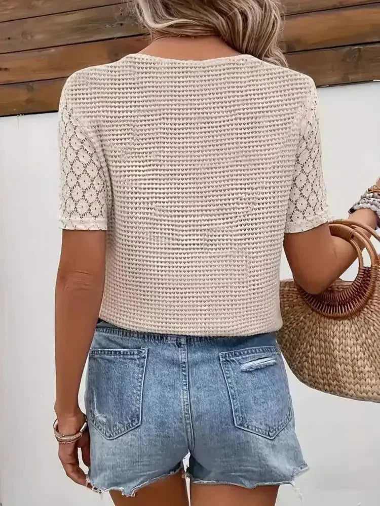 Lace Sleeve V - neck Waffle Knit Top - Update AvenueT-ShirtsTrendsi1001003062306241001003062306248c8baa8fa8a543b8b7f9addad2292a97 - Max - OriginTan