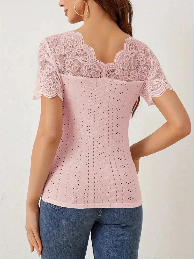 Lace Trim Eyelet Embroidered Summer T-Shirt - Update AvenueT-ShirtsTrendsi100100594683372100100594683372df4875533436460baf84283a72b47435 - Max - OriginPink