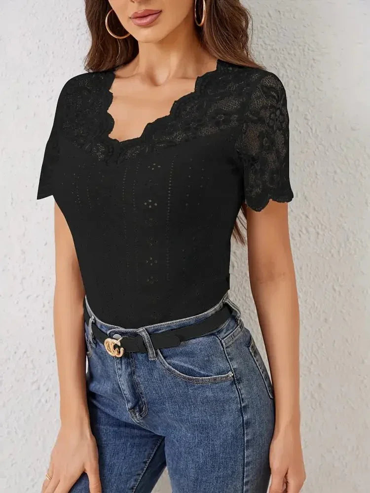 Lace Trim Eyelet Embroidered Summer T-Shirt - Update AvenueT-ShirtsTrendsi100100594687135100100594687135a6cae793a92e42f6b8f611d7ecd41bb6 - Max - OriginBlack