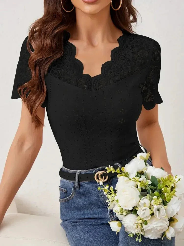 Lace Trim Eyelet Embroidered Summer T-Shirt - Update AvenueT-ShirtsTrendsi1001005946871351001005946871357ec661c1631e48db8e7303da18d3562f - Max - OriginBlack