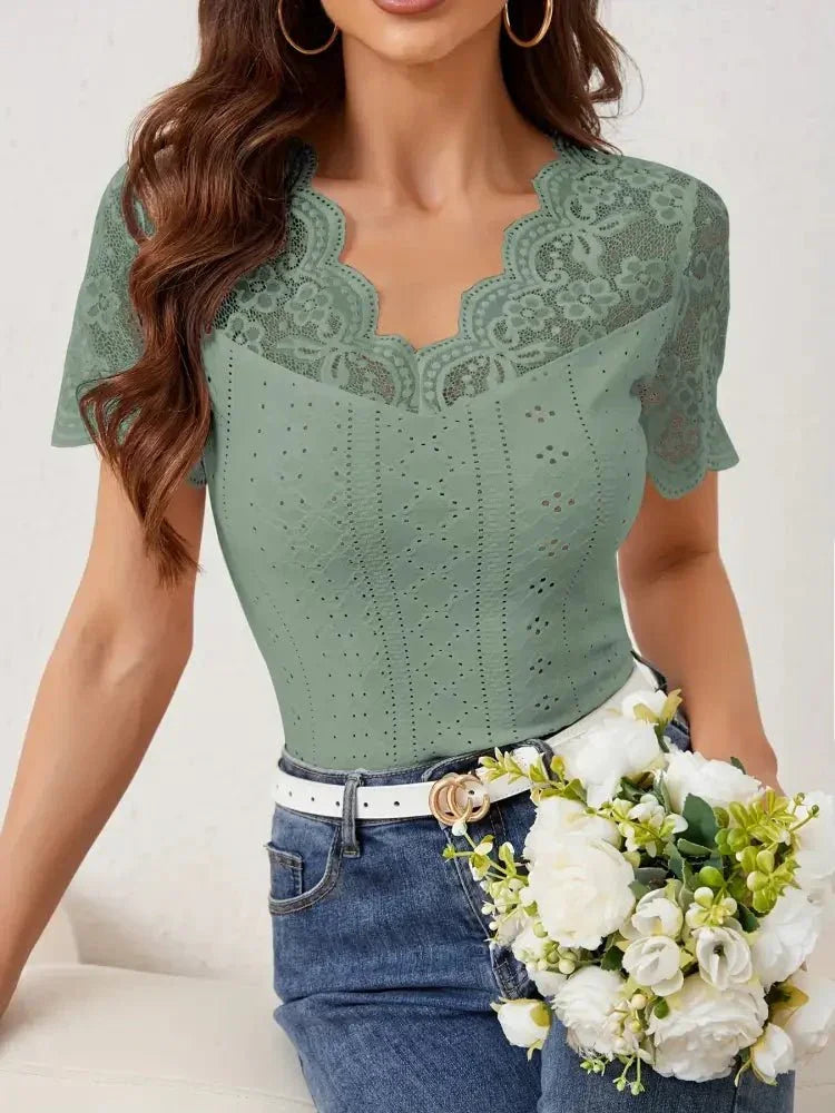 Lace Trim Eyelet Embroidered Summer T-Shirt - Update AvenueT-ShirtsTrendsi100100594689442100100594689442a13f9dd6d68a4cb491775081a92e2341 - Max - OriginOcean Green
