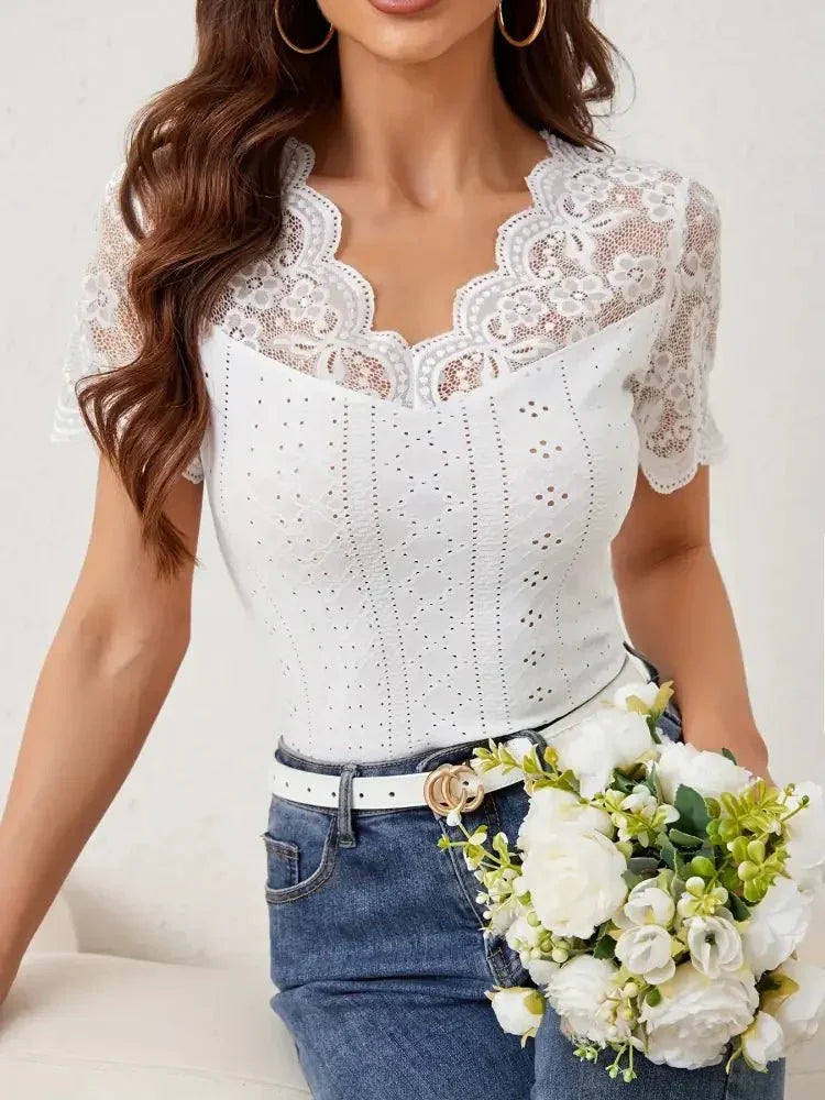 Lace Trim Eyelet Embroidered Summer T-Shirt - Update AvenueT-ShirtsTrendsi100100594689952100100594689952ef66dc11848c44c99a070fee440327c5 - Max - OriginWhite