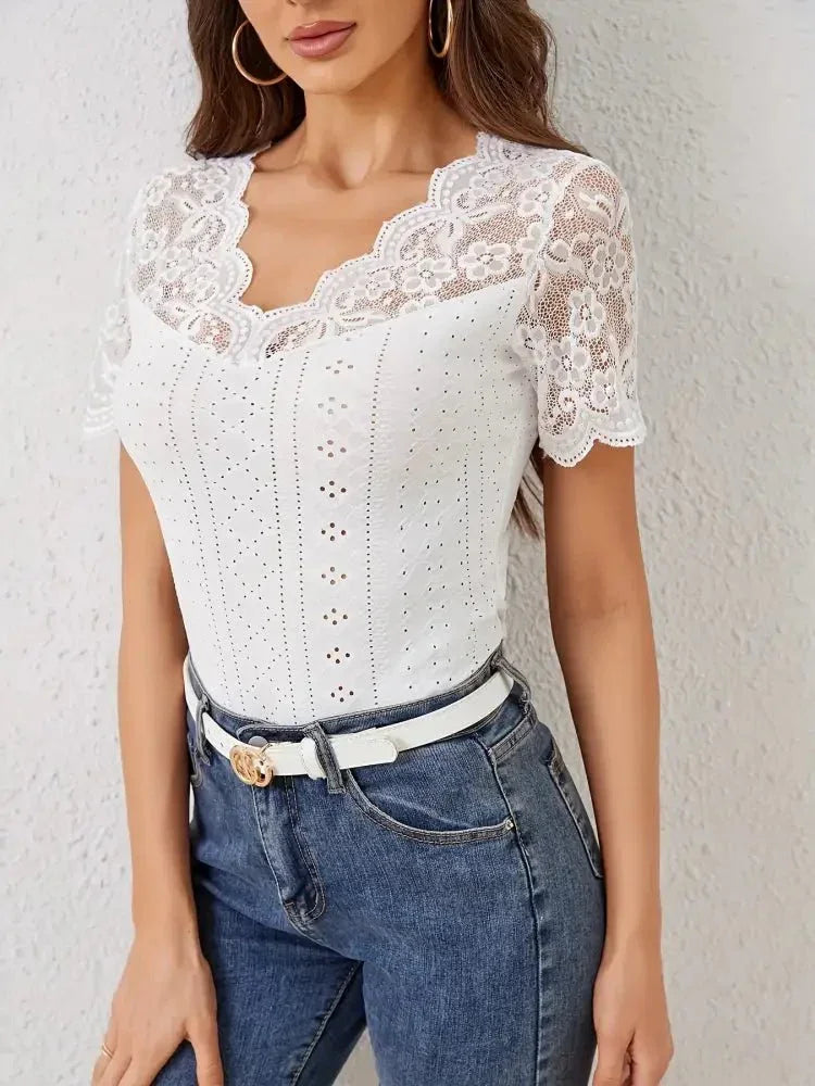 Lace Trim Eyelet Embroidered Summer T-Shirt - Update AvenueT-ShirtsTrendsi100100594689952100100594689952228eeb2bd60b4818acc98d3080dce349 - Max - OriginWhite