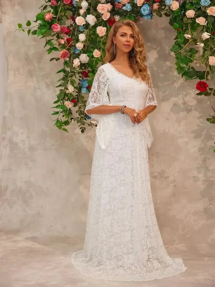 Lace V - Neck Floor length Dress - Update AvenueCocktail DressesTrendsi100100557631739100100557631739Lace V - Neck Floor length DressWhite