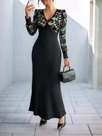 Lace V-Neck Long Sleeve Maxi Dress
