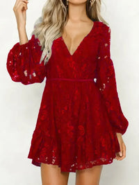 Lace V-Neck Long Sleeve Mini Dress