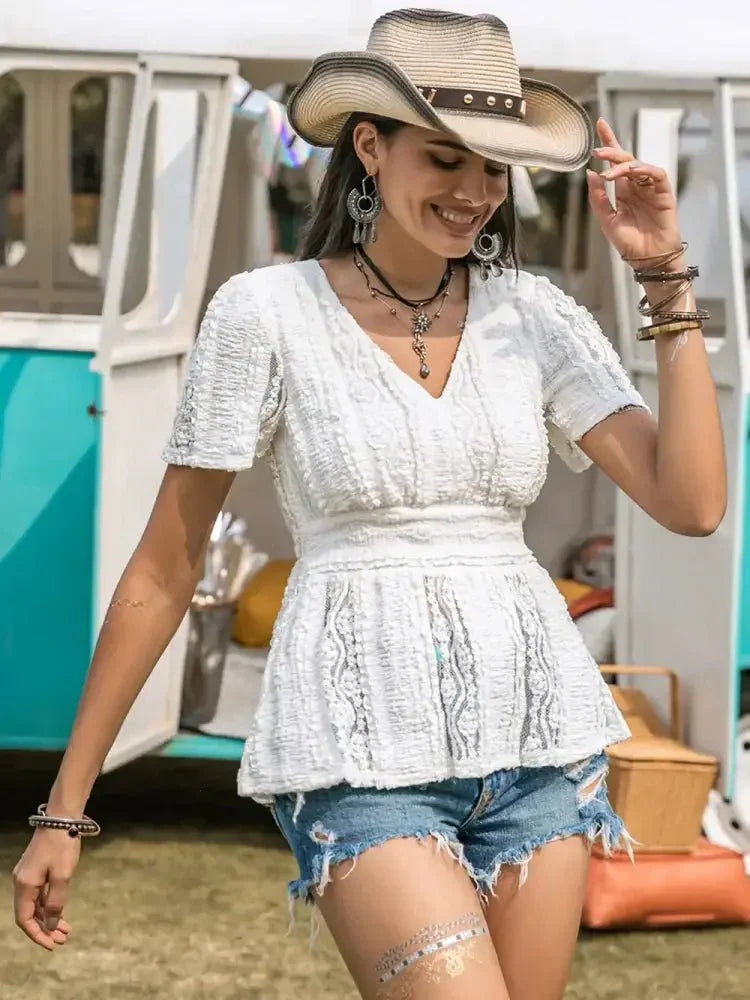 Lace V - Neck Short Sleeve Top - Update AvenueBoho VibesTrendsi10010027714178710010027714178785ef60a0 - bd24 - 4cac - b887 - 3f29d9eac7aa - MaxWhite