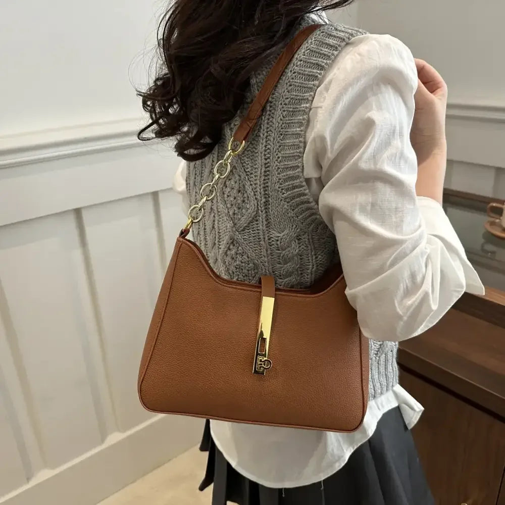 Leather Shoulder Bag with Gold Accent