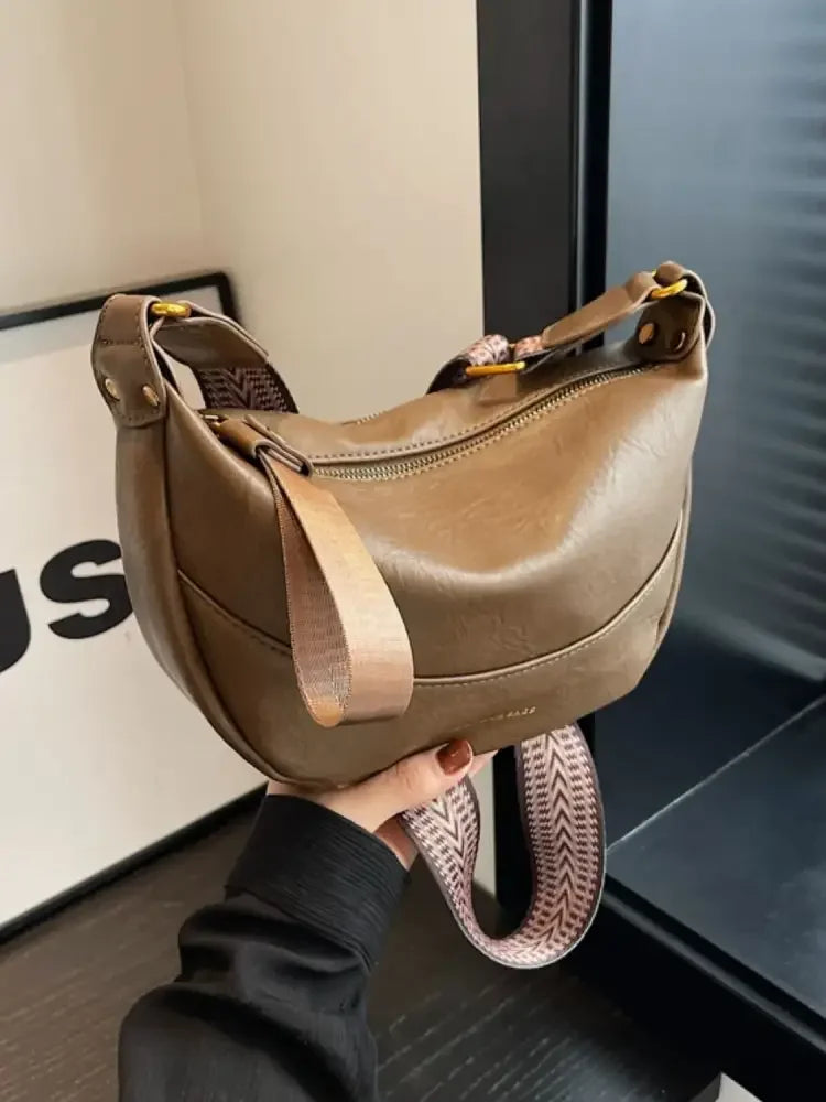 Leather Shoulder Bag with Woven Strap
