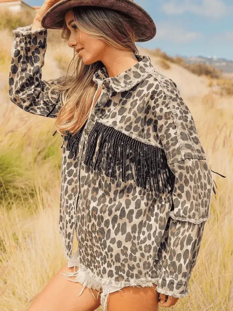 Leopard Fringe Detail Collared Neck Denim Jacket - Update AvenueTrendsi10010055492904110010055492904110c60edb85b04470b6392a4801e4f666 - MaxLeopard