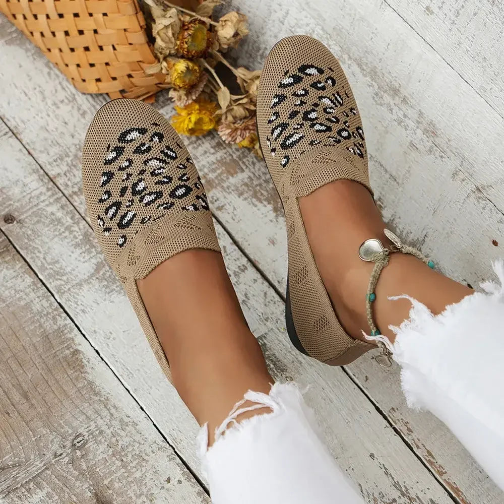 Leopard Mesh Round Toe Flat Slip-Ons