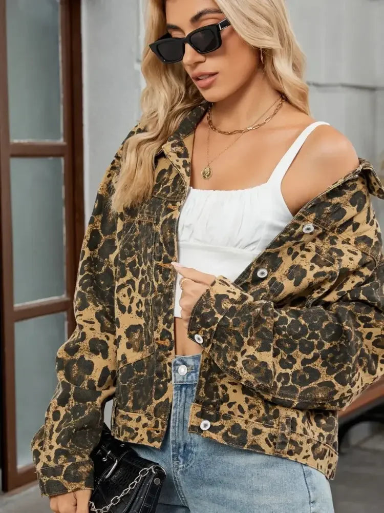 Leopard Print Button Up Denim Jacket