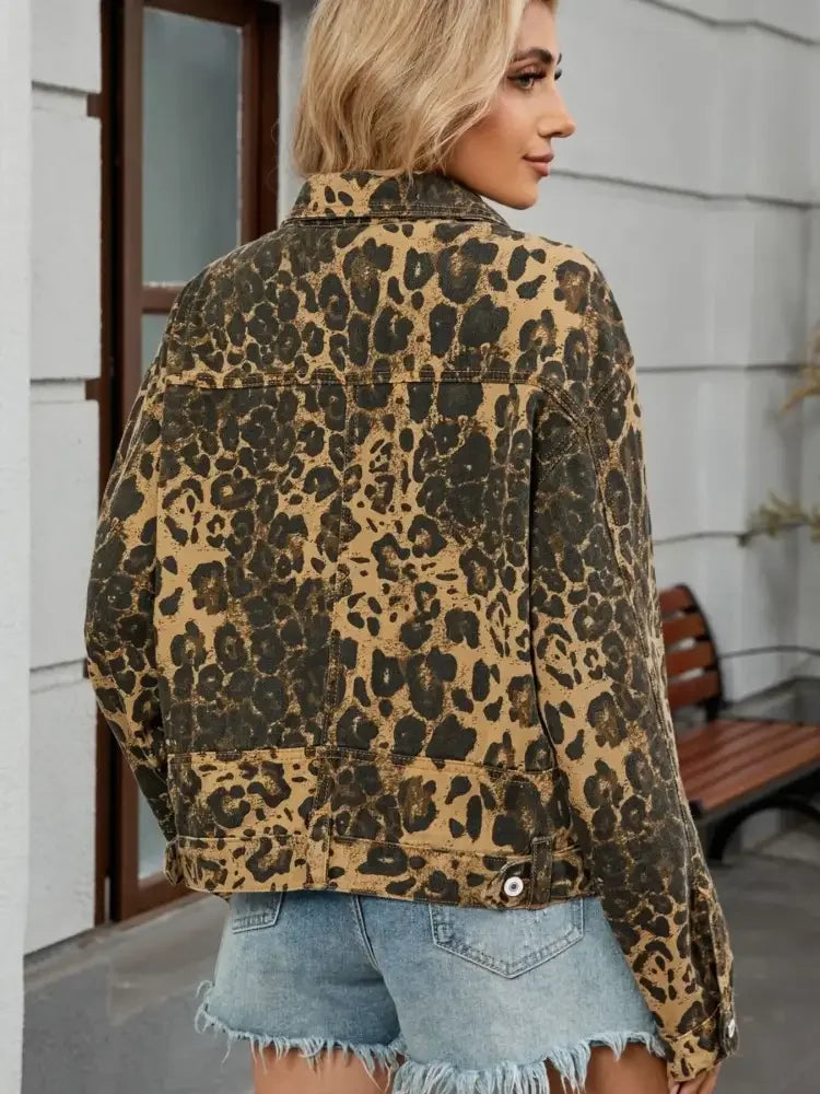 Leopard Print Button Up Denim Jacket