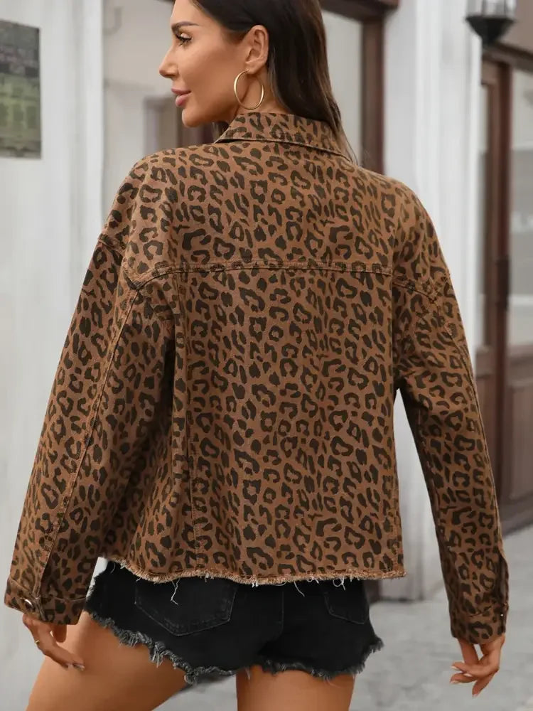 Leopard Print Raw Hem Denim Jacket