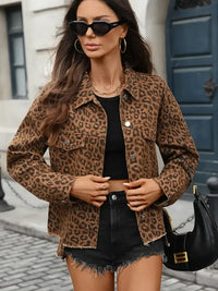 Leopard Print Raw Hem Denim Jacket