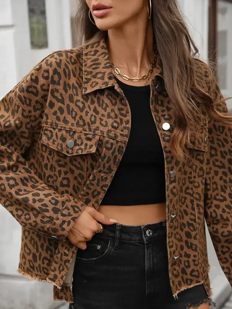 Leopard Print Raw Hem Denim Jacket
