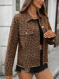 Leopard Print Raw Hem Denim Jacket