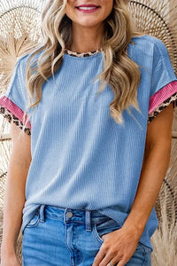 Leopard Trim Round Neck Ribbed T-Shirt - Update AvenueT-ShirtsTrendsi100100594985815100100594985815ed54b4f0 - 5f70 - 468e - 9d04 - 33974fbedc26 - Max - OriginLight Blue