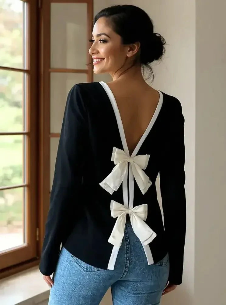 Long Sleeve Bow Tie Back T-Shirt - Update AvenueT-ShirtsTrendsi100100509479424100100509479424b35232a5 - 6fd7 - 4698 - a3d6 - 1048418558ca - Max - OriginBlack/White