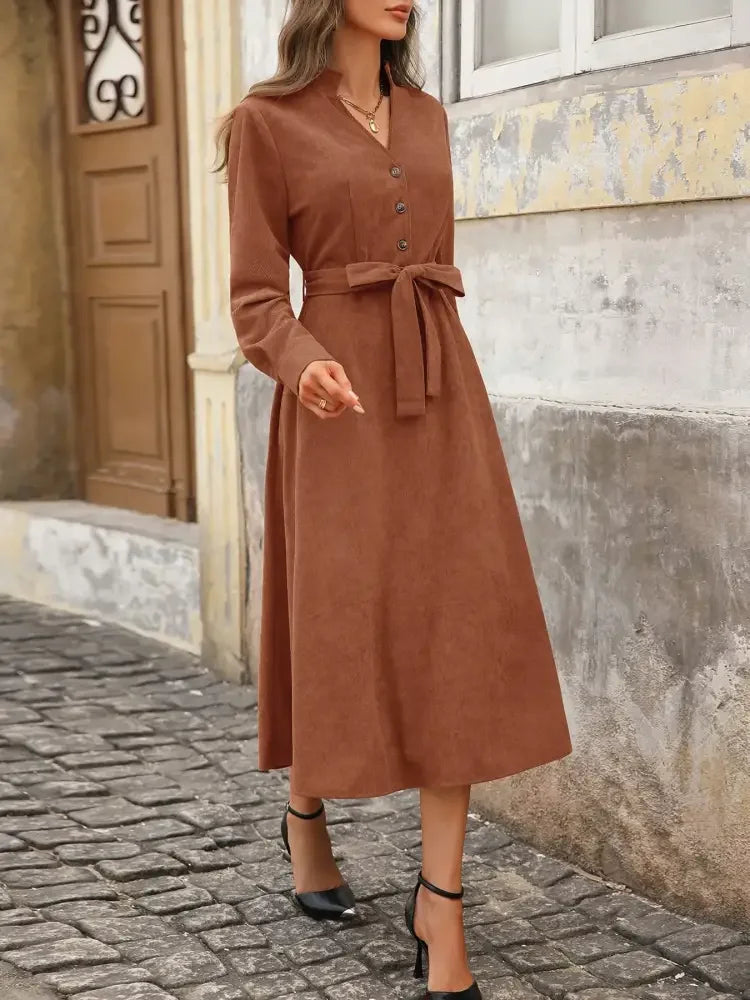 Long Sleeve Button Front Belted Midi Dress