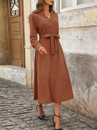 Long Sleeve Button Front Belted Midi Dress