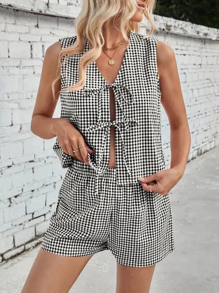 Lovelet Tied Plaid V - Neck Vest and Shorts Set - Update AvenueTrendsi100100433660058100100433660058b8b40cb5 - efe9 - 4ebd - 8806 - fdba5da8b9ee - MaxBlack