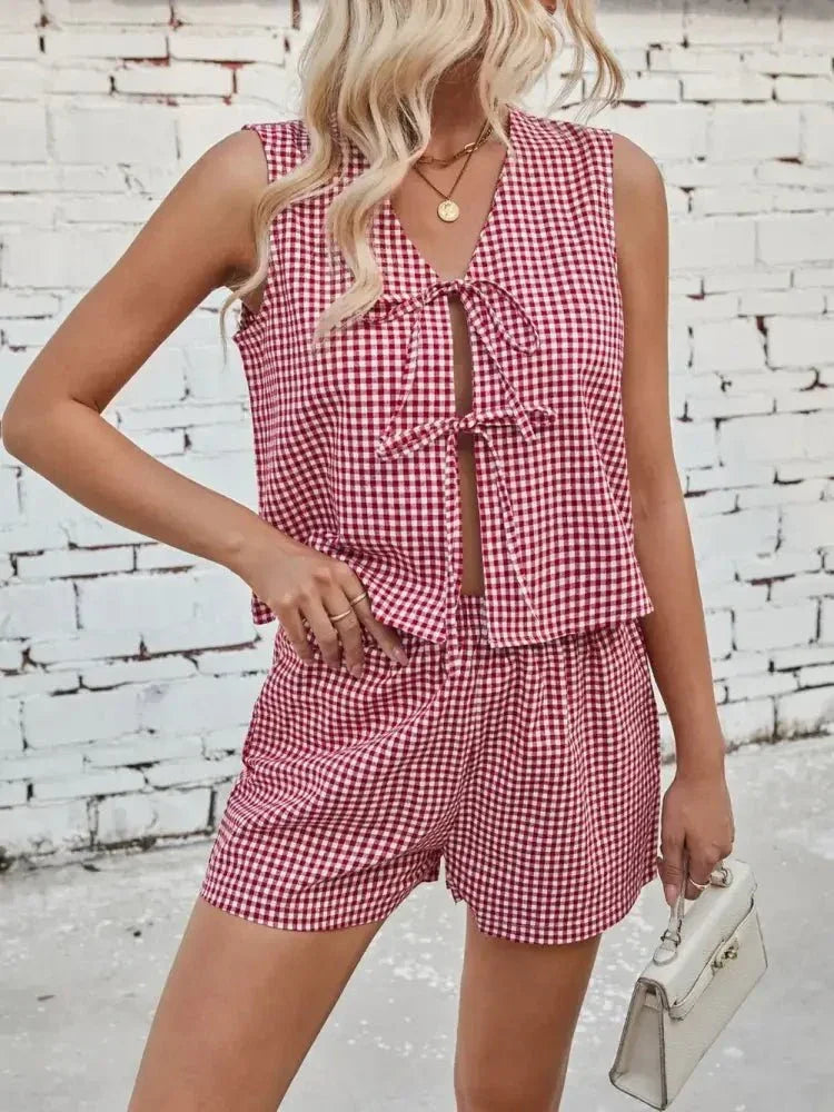 Lovelet Tied Plaid V - Neck Vest and Shorts Set - Update AvenueTrendsi10010043366010510010043366010501452a1a - 20c6 - 41d9 - ae5d - c39aff33f670 - MaxDeep Red