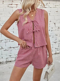 Lovelet Tied Plaid V - Neck Vest and Shorts Set - Update AvenueTrendsi10010043366010510010043366010501452a1a - 20c6 - 41d9 - ae5d - c39aff33f670 - MaxDeep Red