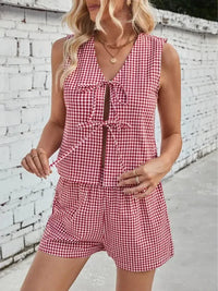 Lovelet Tied Plaid V - Neck Vest and Shorts Set - Update AvenueTrendsi1001004336601051001004336601059ff3b152 - 915c - 4f3f - 90db - 08413651e884 - MaxDeep Red