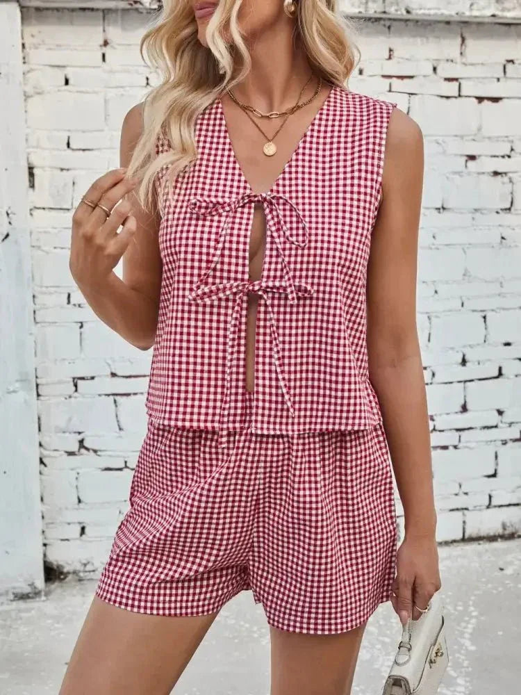 Lovelet Tied Plaid V - Neck Vest and Shorts Set - Update AvenueTrendsi100100433660105100100433660105ca2fd636 - 771f - 4e60 - 9413 - dc07acce58cf - MaxDeep Red