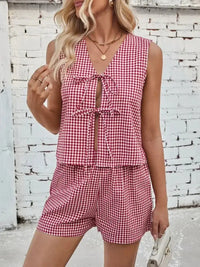 Lovelet Tied Plaid V - Neck Vest and Shorts Set - Update AvenueTrendsi100100433660105100100433660105ca2fd636 - 771f - 4e60 - 9413 - dc07acce58cf - MaxDeep Red