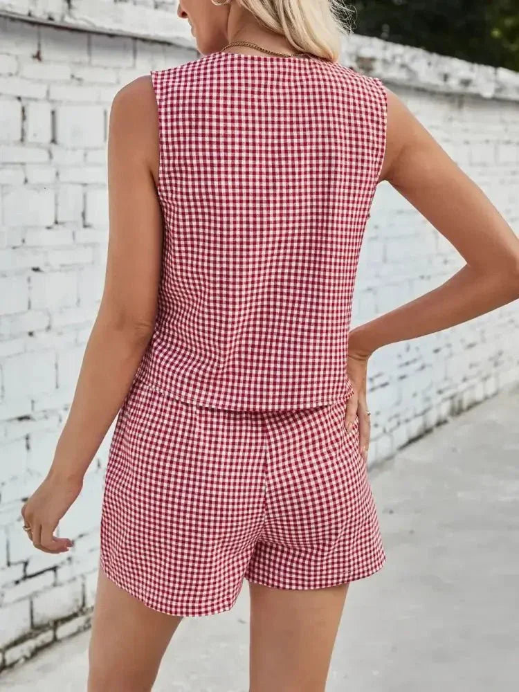 Lovelet Tied Plaid V - Neck Vest and Shorts Set - Update AvenueTrendsi100100433660105100100433660105011f8237 - 612d - 4fa6 - be31 - 71a28462bc15 - MaxDeep Red