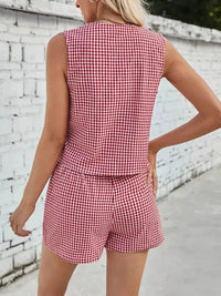 Lovelet Tied Plaid V - Neck Vest and Shorts Set - Update AvenueTrendsi100100433660105100100433660105011f8237 - 612d - 4fa6 - be31 - 71a28462bc15 - MaxDeep Red
