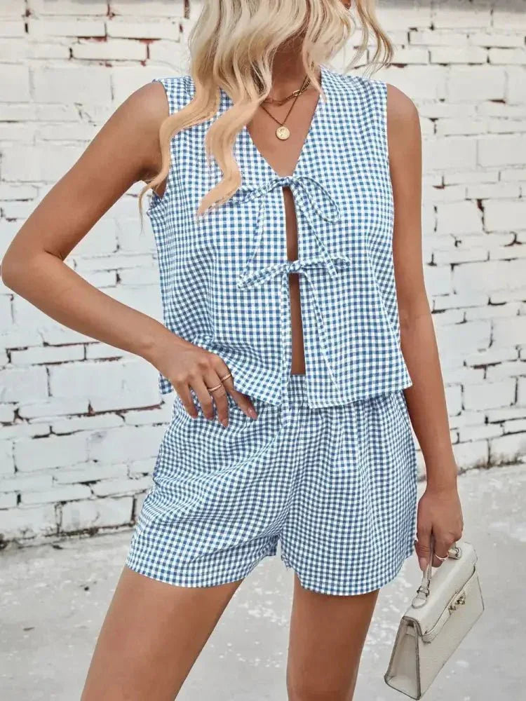 Lovelet Tied Plaid V - Neck Vest and Shorts Set - Update AvenueTrendsi1001004336627261001004336627264e962c51 - 2cbb - 44ee - b23b - bed505b20585 - MaxPastel Blue