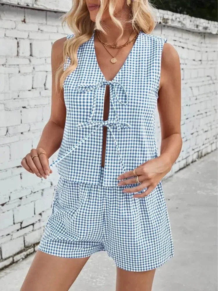 Lovelet Tied Plaid V - Neck Vest and Shorts Set - Update AvenueTrendsi100100433662726100100433662726ce5da4b9 - cea6 - 449a - 80a4 - 58308ad7b64f - MaxPastel Blue
