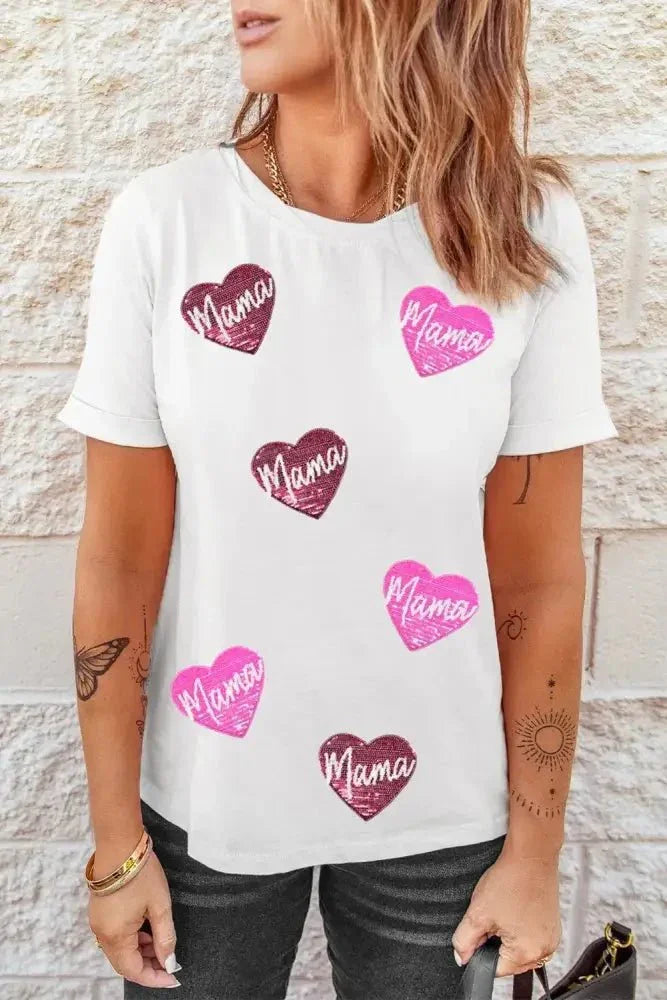 MAMA Heart Shape Sequin Patched Crew Neck T Shirt - Update AvenueT-ShirtsTrendsi1001009989612961001009989612968de43a75 - 04e6 - 41d3 - a36b - 846fbe3b2c17 - Max - OriginWhite