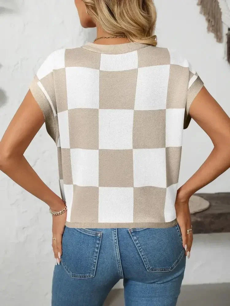 Mandy Checkered Round Neck Cap Sleeve Knit Top - Update AvenueTrendsi1001001288113631001001288113635c377a09 - ae7d - 434b - b8cf - c8670b987fff - MaxKhaki