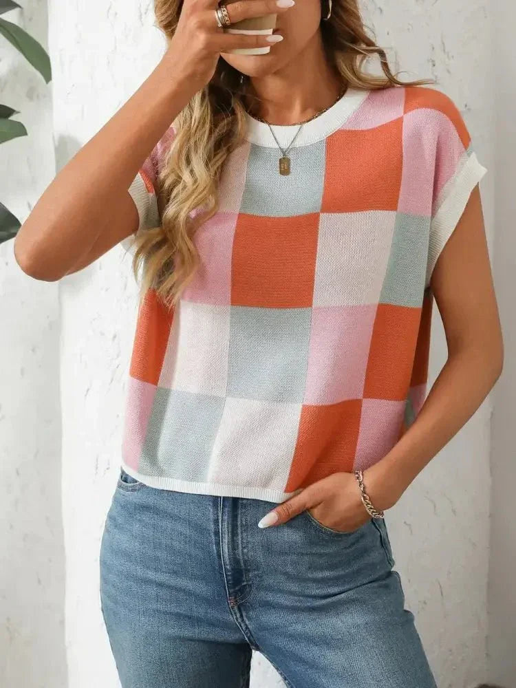 Mandy Checkered Round Neck Cap Sleeve Knit Top - Update AvenueTrendsi10010012881160210010012881160209e5aef2 - 34e8 - 4f4e - 91b3 - 6d792158bfd2 - MaxPink/Orange