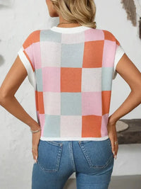 Mandy Checkered Round Neck Cap Sleeve Knit Top - Update AvenueTrendsi10010012881160210010012881160252c64dae - 1feb - 47e6 - b491 - 024652b3105b - MaxPink/Orange