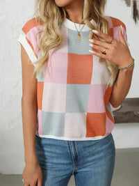 Mandy Checkered Round Neck Cap Sleeve Knit Top - Update AvenueTrendsi1001001288116021001001288116029ca7807a - 22b5 - 442a - 9e50 - a353688ae684 - MaxPink/Orange