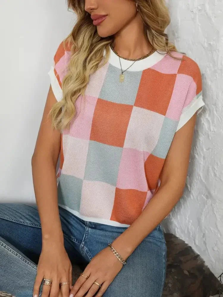 Mandy Checkered Round Neck Cap Sleeve Knit Top - Update AvenueTrendsi100100128811602100100128811602c8eaf035 - 43e1 - 4051 - a704 - 59c34e64c962 - MaxPink/Orange