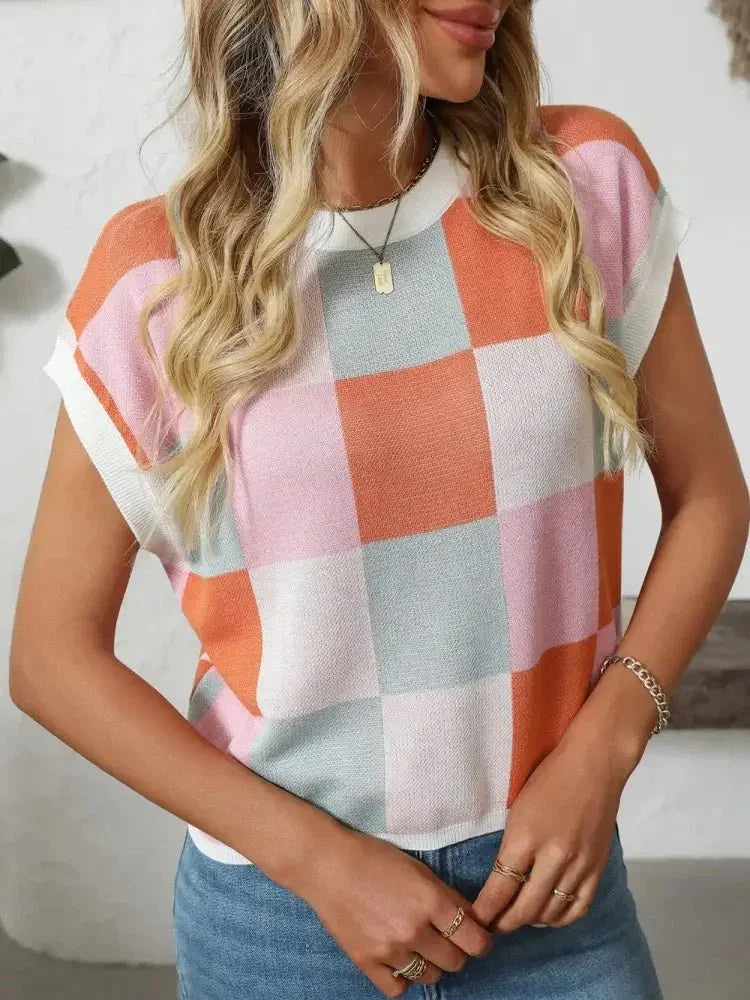 Mandy Checkered Round Neck Cap Sleeve Knit Top - Update AvenueTrendsi100100128811602100100128811602f2024f80 - df8b - 4615 - b5c9 - 896c6ab79dac - MaxPink/Orange