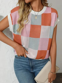 Mandy Checkered Round Neck Cap Sleeve Knit Top - Update AvenueTrendsi10010012881160210010012881160232faec64 - 841c - 4b1e - b07a - fe064f4c8ef9 - MaxPink/Orange