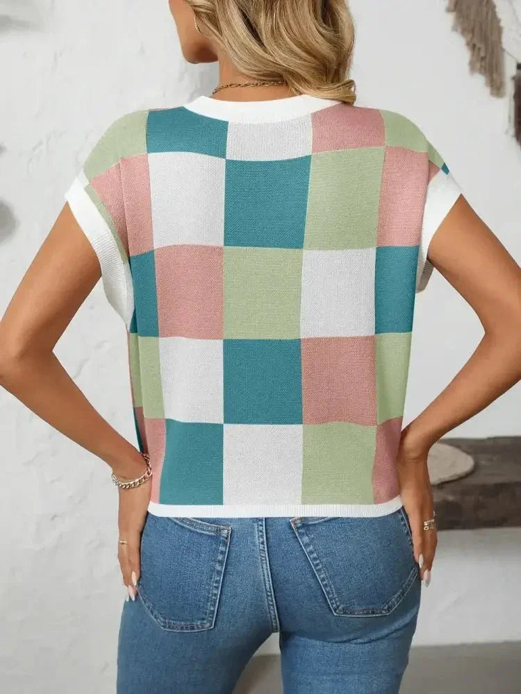 Mandy Checkered Round Neck Cap Sleeve Knit Top - Update AvenueTrendsi10010012881172510010012881172522e041e9 - 1c92 - 40e9 - 98f4 - 9c57ab288b13 - MaxBlue Purple