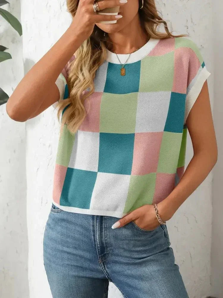 Mandy Checkered Round Neck Cap Sleeve Knit Top - Update AvenueTrendsi1001001288121181001001288121181f1f3868 - 9a76 - 4a9a - afc8 - 765f3430caa4 - MaxBlue/Green